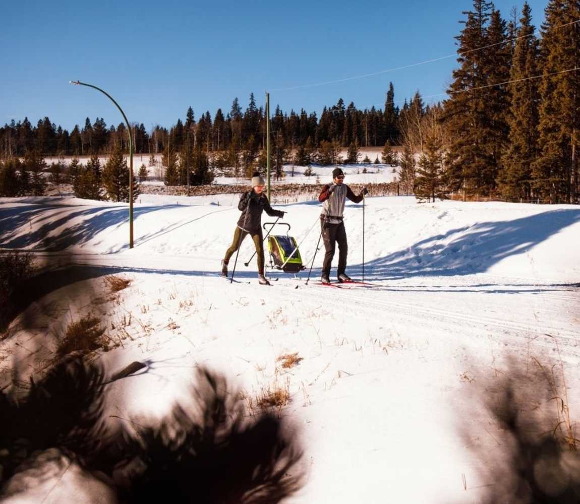 2 individuals cross-country skiing under a blue sky on groomed trails pulling a wagon