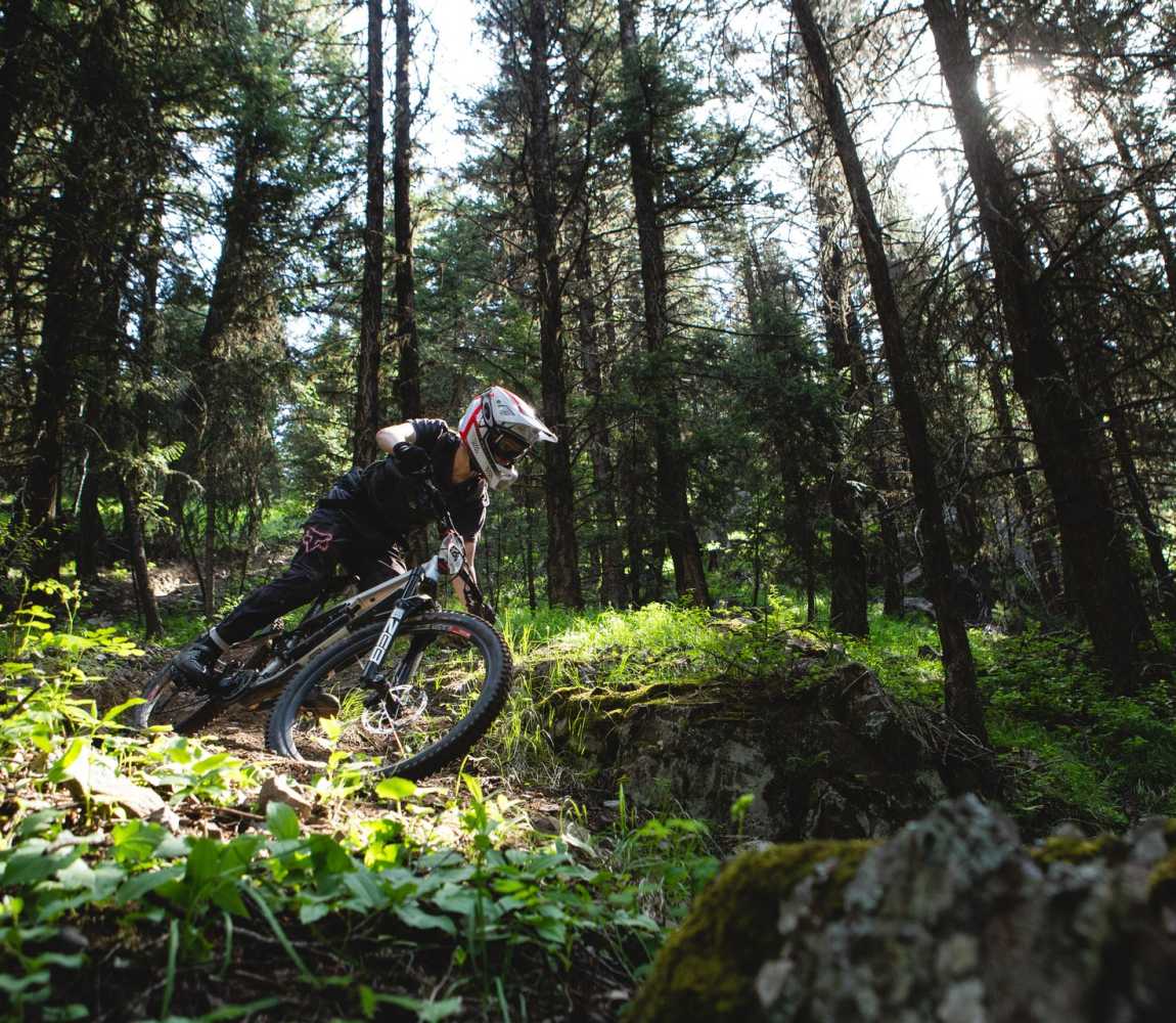 Mountain biker riding down the mountain trail at Harper mountain in the Thompson Valley, BC.