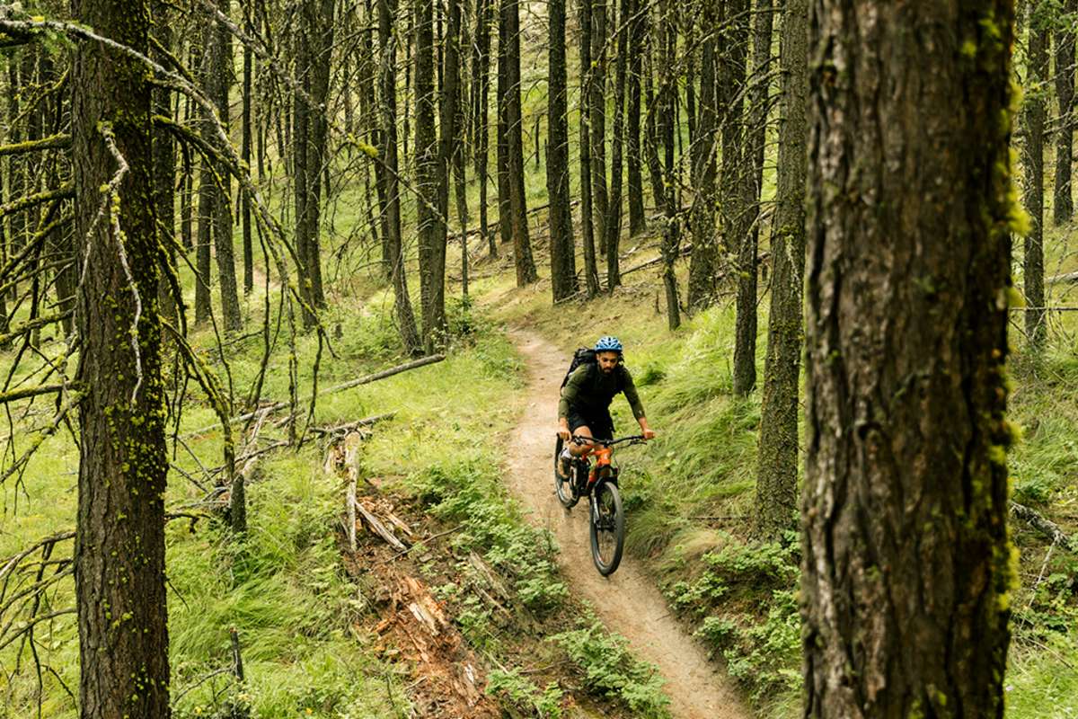 Solo person mountain biking through the trees at Kenna Cartwright Park in Kamloops, BC.