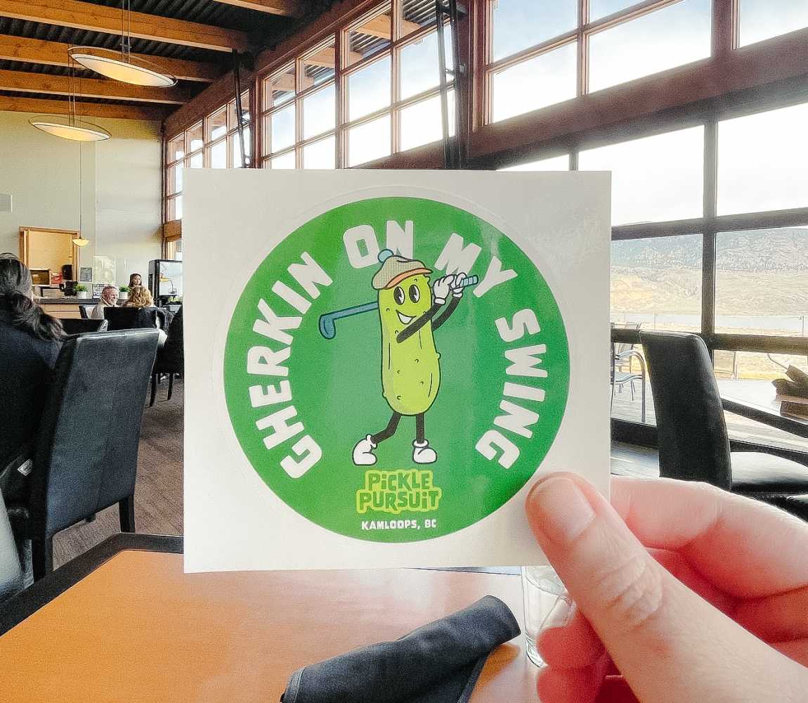 Pickle Pursuit Sticker feature at The Black Iron Club & Grill out at Tobiano