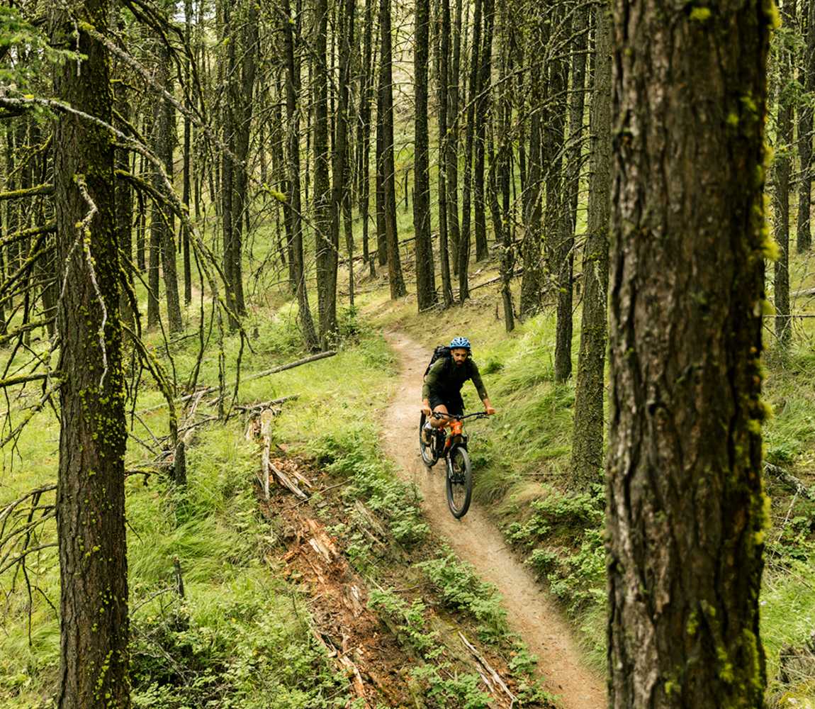 Solo person mountain biking through the trees at Kenna Cartwright Park in Kamloops, BC.