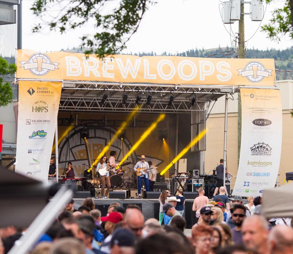 Band playing on stage at Brewloops local craft beer festival in Riverside Park in Kamloops, BC.