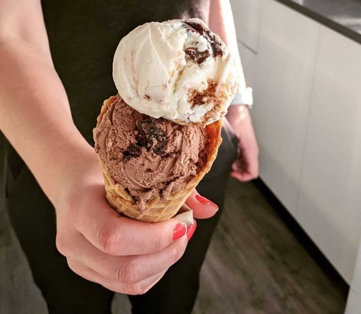 a double scoop ice cream cone from Frozen Paddle in Kamloops