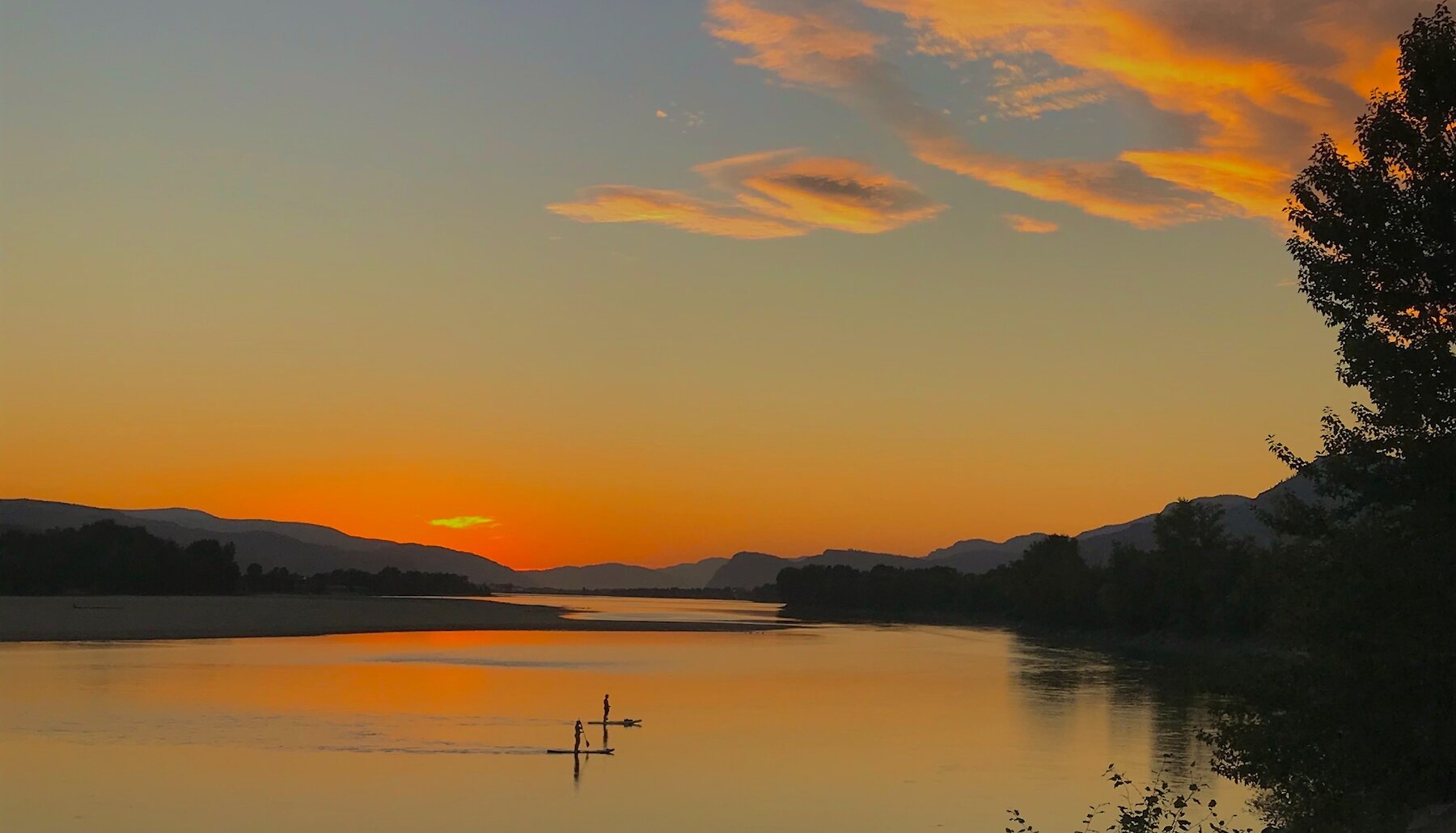 A few people paddleboarding on the Thompson River during a scenic sunset in Kamloops, British Columbia.