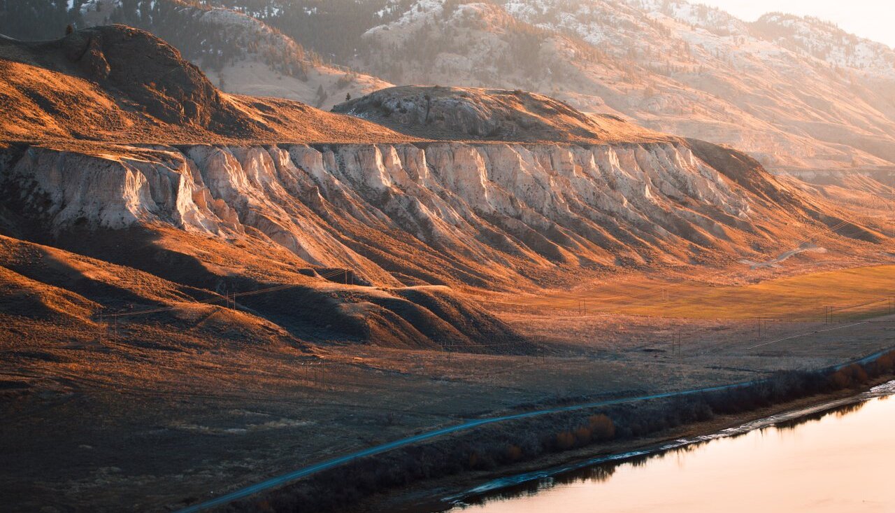 An aerial shot of the hoodoos along the South Thompson River.