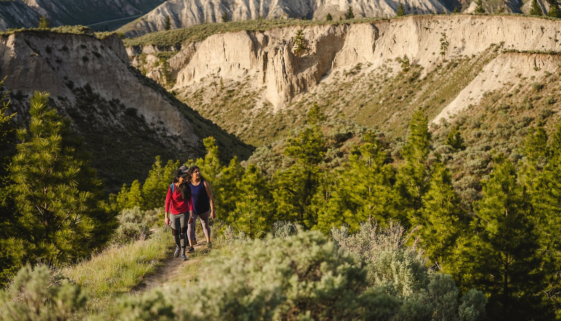 Two hikers climb a trail in the Dallas-Barnhartvale Nature park in Kamloops BC. A dramatic canyon of hoodoos and bluffs extends behind them.