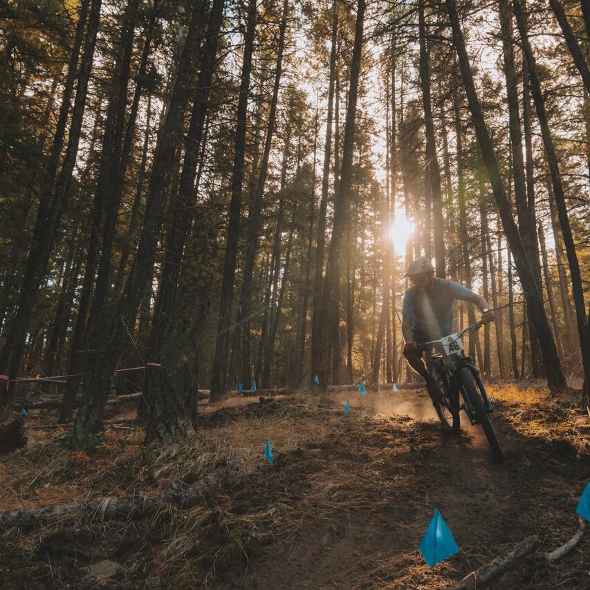 A mountain biker takes part in the Oktoberfest "funduro" race event at Harper Mountain. The sun shines between tall trees as the biker rounds a corner on a dirt path.