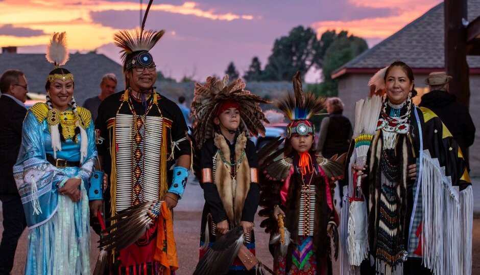 Indigenous performers at Music For The People at the Tk'emlúps te Secwépemc Powwow Arbour in British Columbia, Canada.