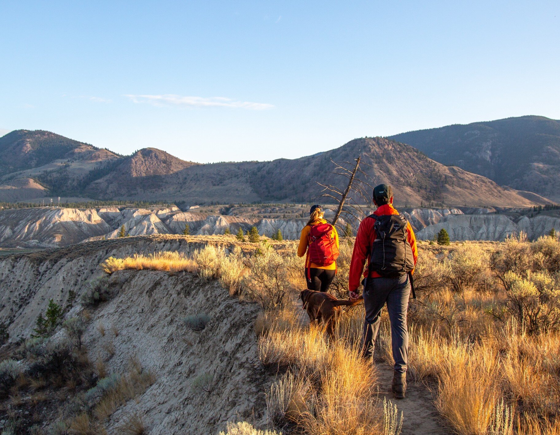 Two mountain bikers riding across the grasslands at Kamloops Bike Ranch with a stunning sun setting over the mountains in the background, located in Kamloops, British Columbia.