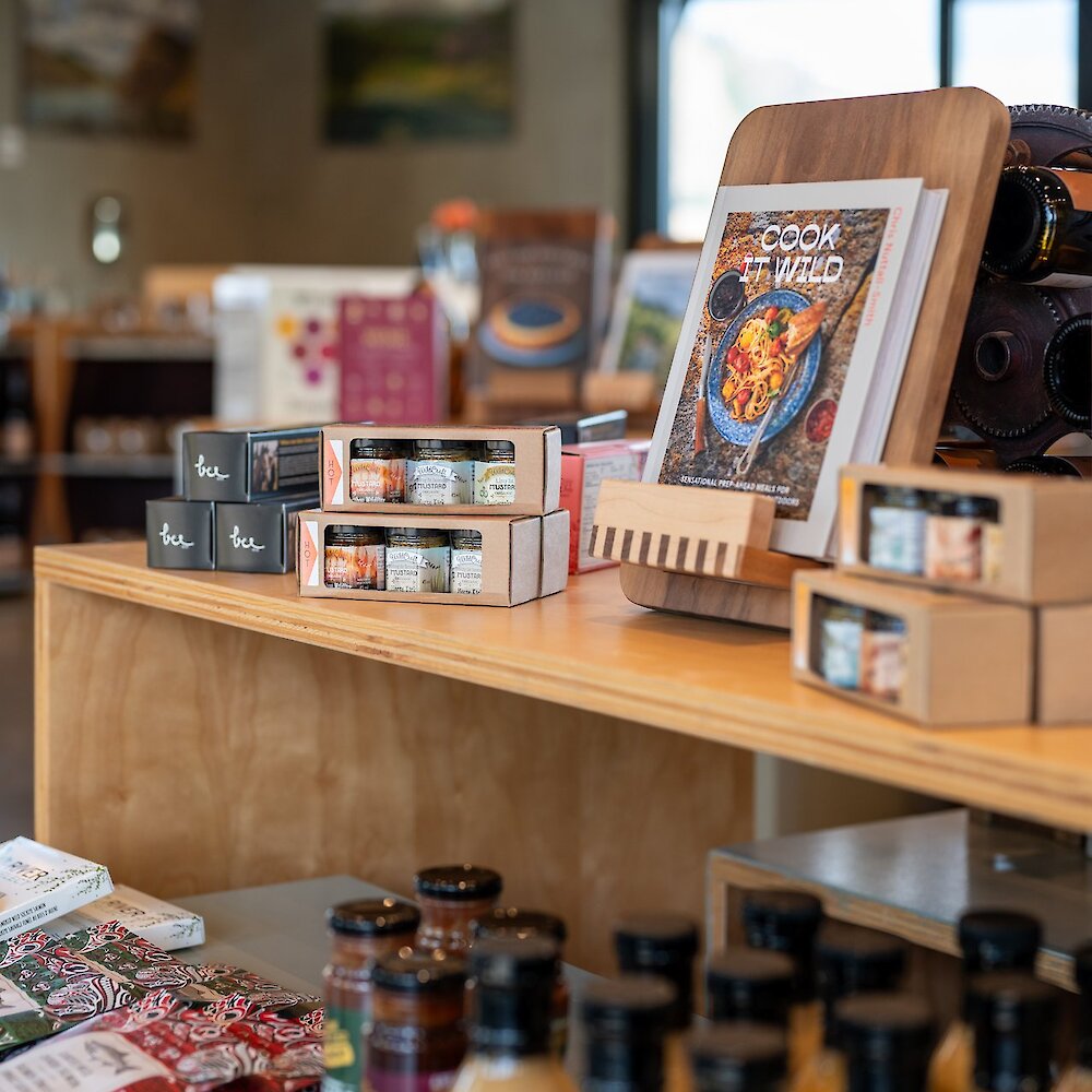 Mechandise for purchase in the Monte Creek Winery shop near Kamloops, BC.