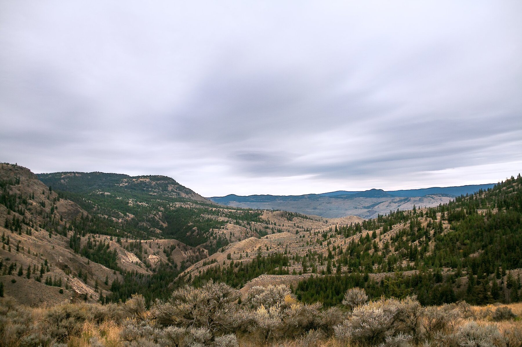 Rolling hills and mountains dotted with pine trees and sagebrush extend to the horizon.