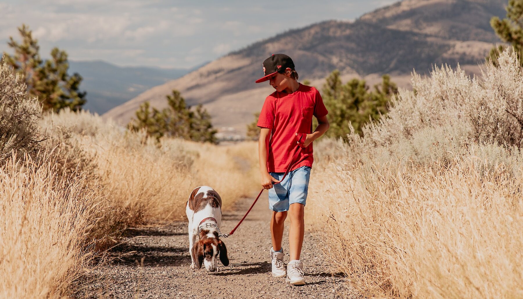 A boy walking his dog along the trail in Peterson Creek Park located in Kamloops, BC.