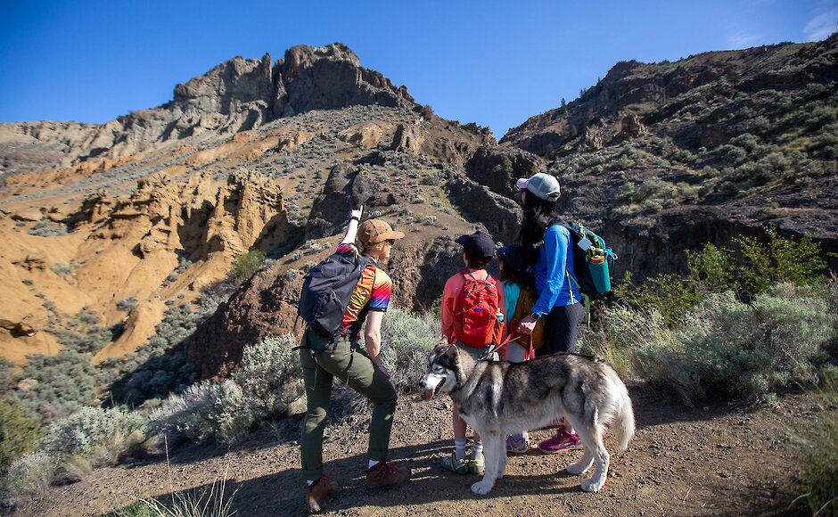 Guide points to the Cinnamon Ridge Hoodoos during a guided hiking tours in Kamloops, BC.